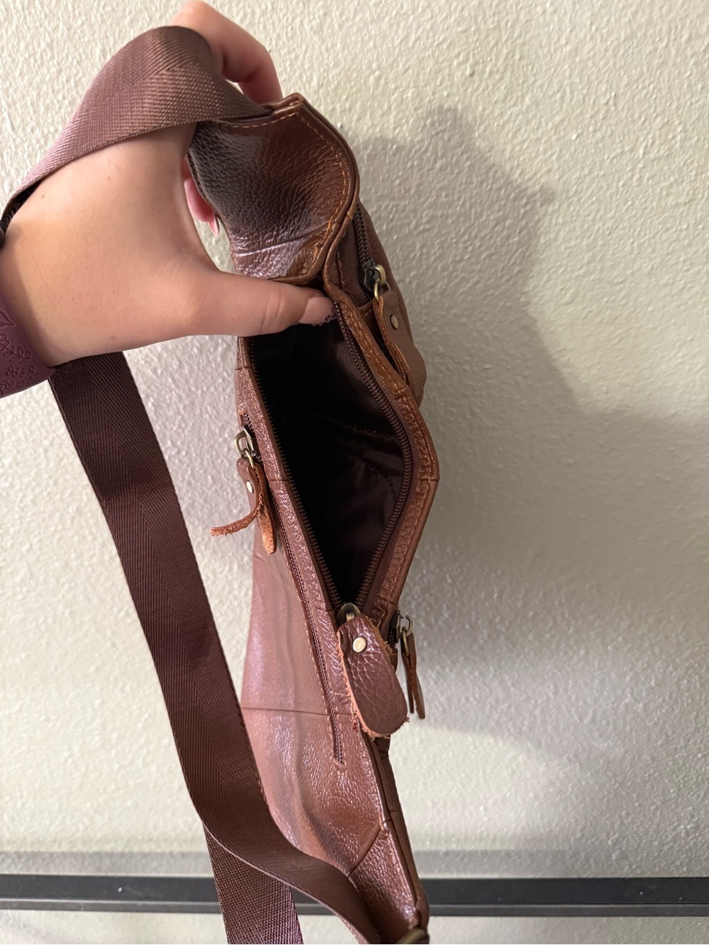 Brown Pebbled Leather-Look Sling Bag Multi Pocket Crossbody Backpack - Picture 4 of 7